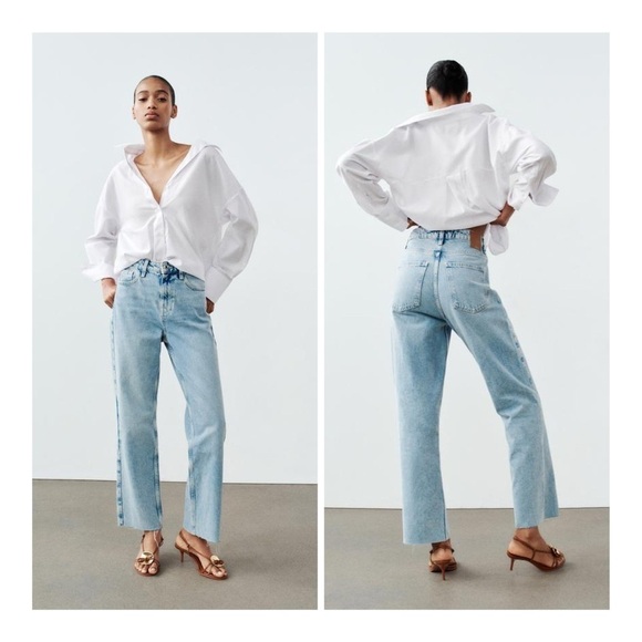 ZARA Indigo High Waist High Rise Straight Ankle Grazer Rigid Denim Size 8/29 - Picture 1 of 13
